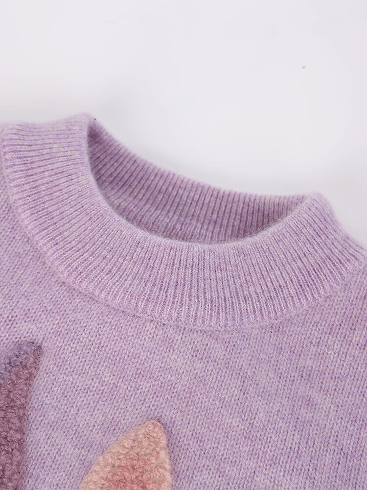 Girls Purple Cashmere Crewneck Pullover Sweater with Fuzzy Bunny